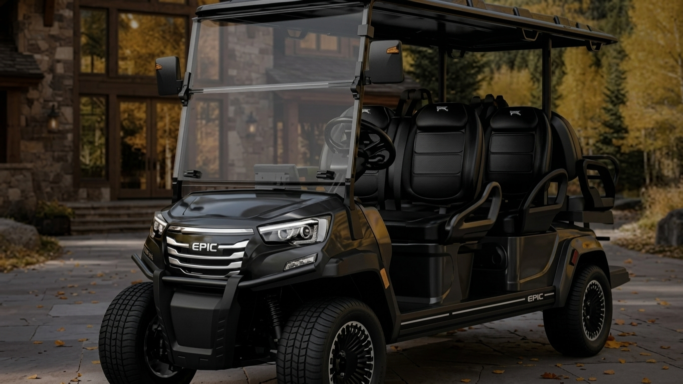 Matte black ICON EPIC E60FX six-seater golf cart