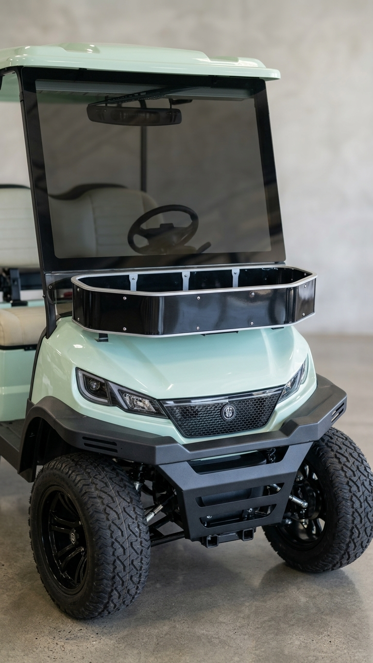 The real mint-green ICON rental golf cart, front-facing on a clean studio background