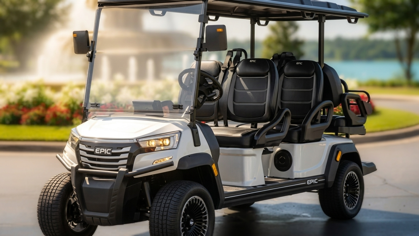 White ICON EPIC E60FX six-seater golf cart