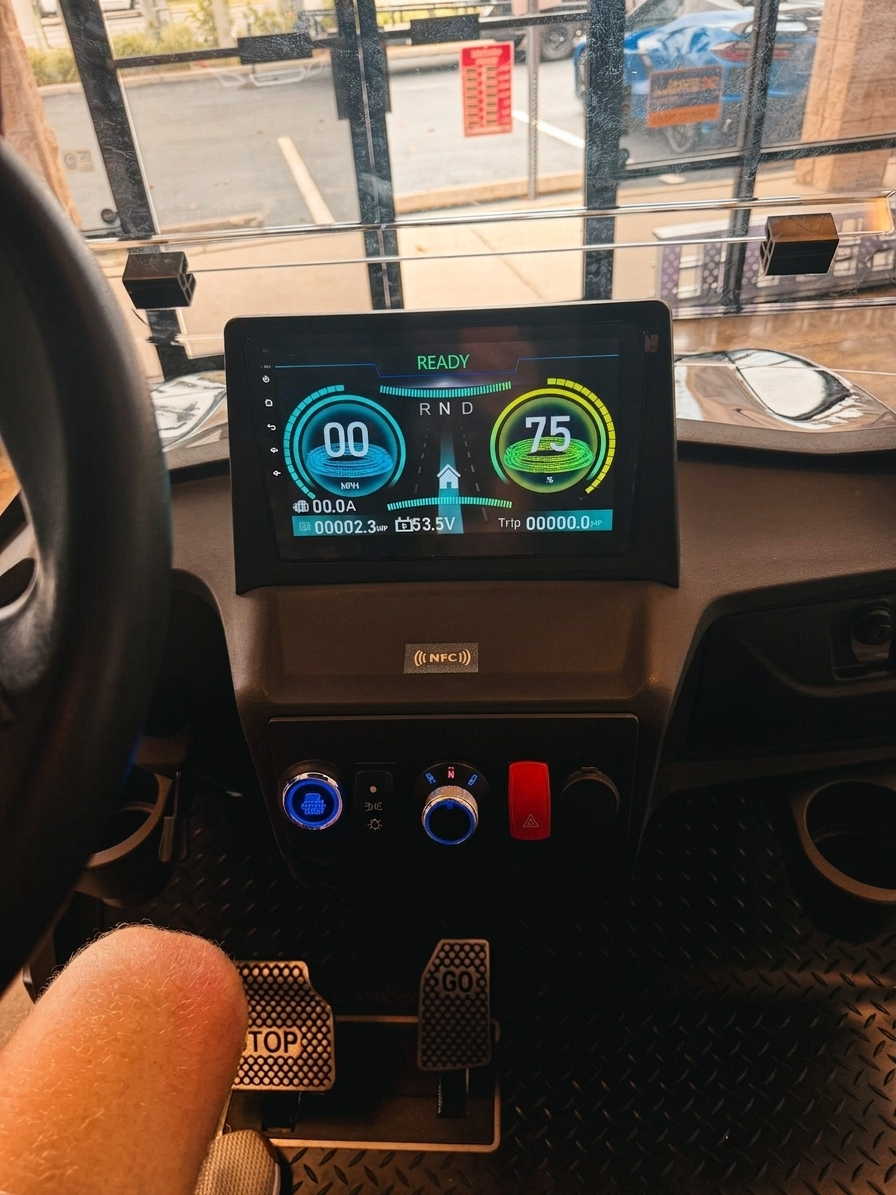 ICON touchscreen dashboard showing a READY display, digital gauges and controls